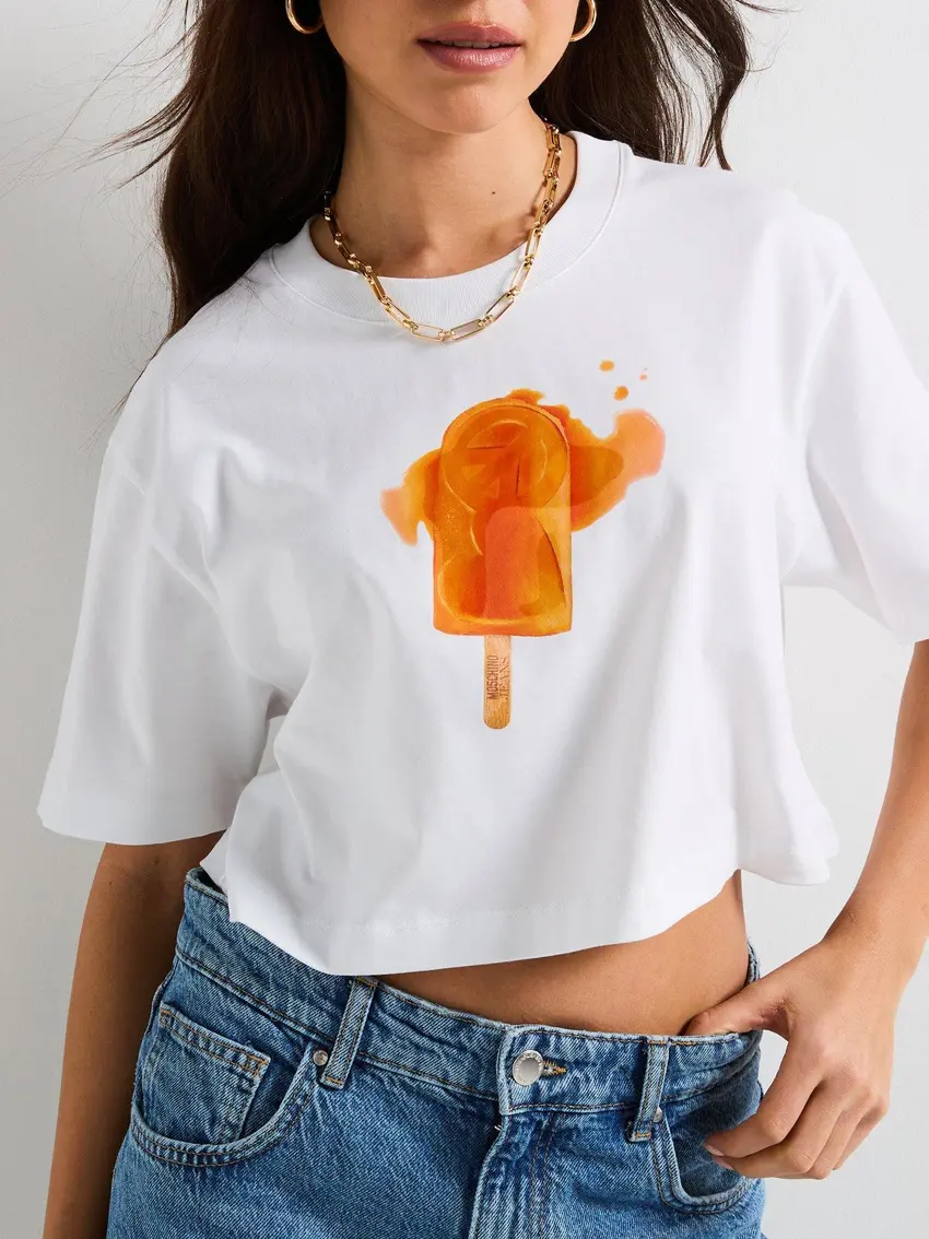 MOSCHINO JEANS KRÓTKI DAMSKI T-SHIRT Z NSDRUKIEM